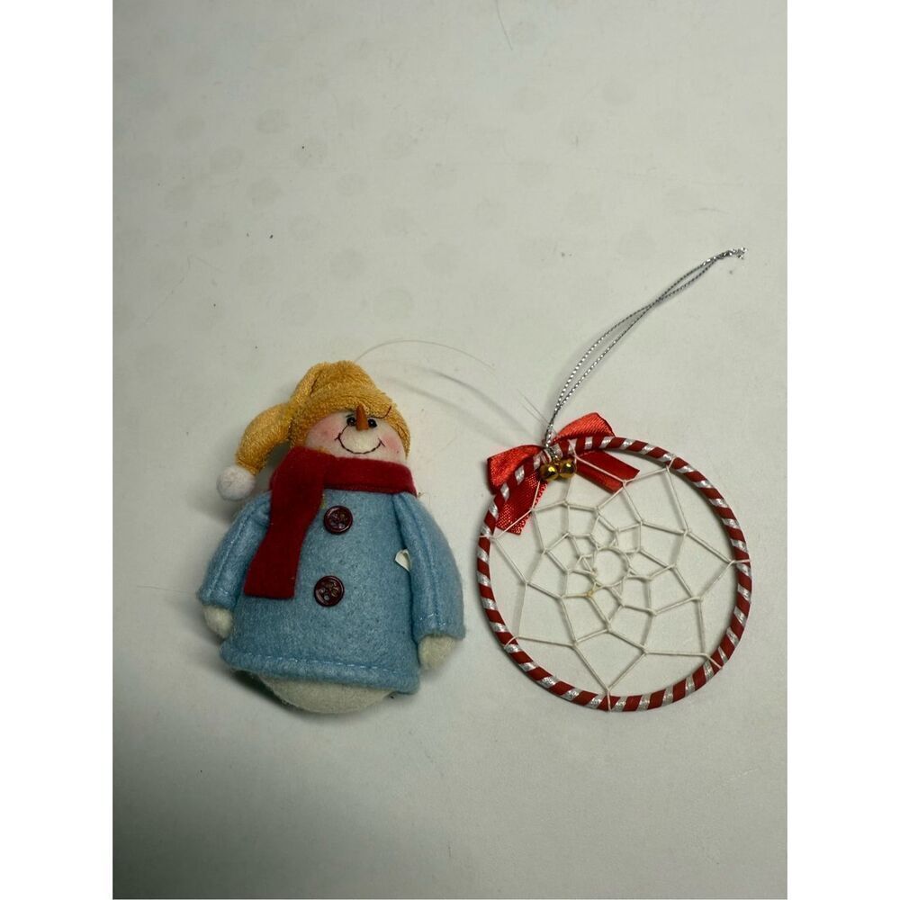 Set of 2 Christmas ornaments Snowman Plush ornament and a dreamcatcher-style